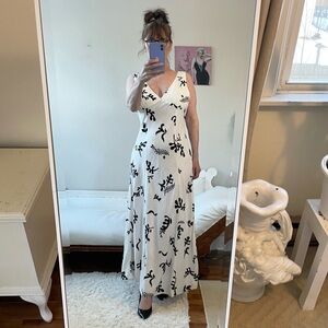 LINEN BLEND LEAF SLEEVELESS DRESS PAPER HEART BLACK ECRU CREAM ZIPPER VEE NECK